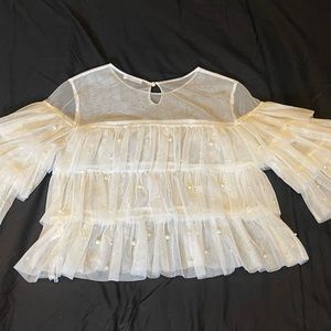 Voila, white pearl beaded, tiered tulle top. Size Small.